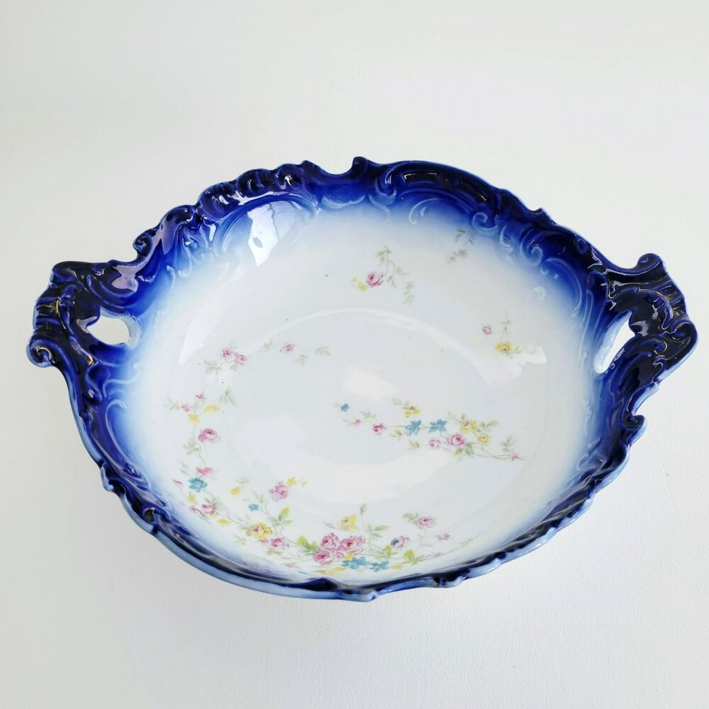 Antique LS&S Carlsbad Flow Blue Bowl Colorful Floral Embossed, Austria 1890-1917